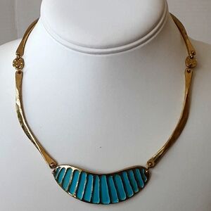 ANNE DICK Brutalist Bronze Bean Tiffany Blue Painted Inlay Necklace 16" - Vtg